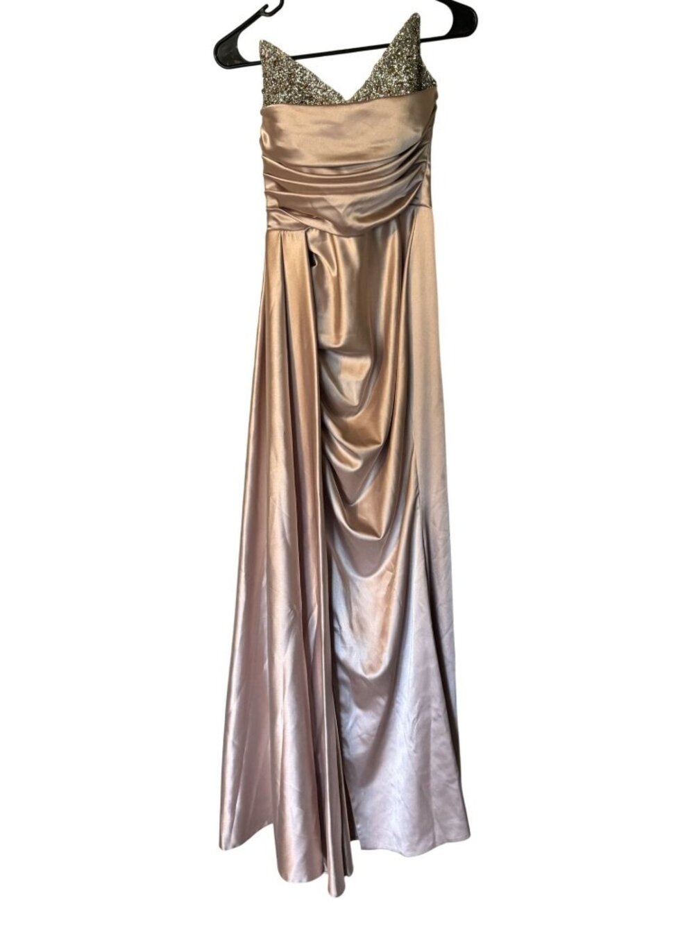 NWT Sevinç Premium Rose Gold Evening Dress With Glittery Bodice Draped Satin S 8